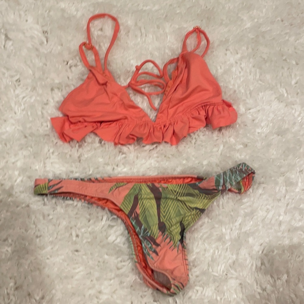 Pink and green ruffle bikini